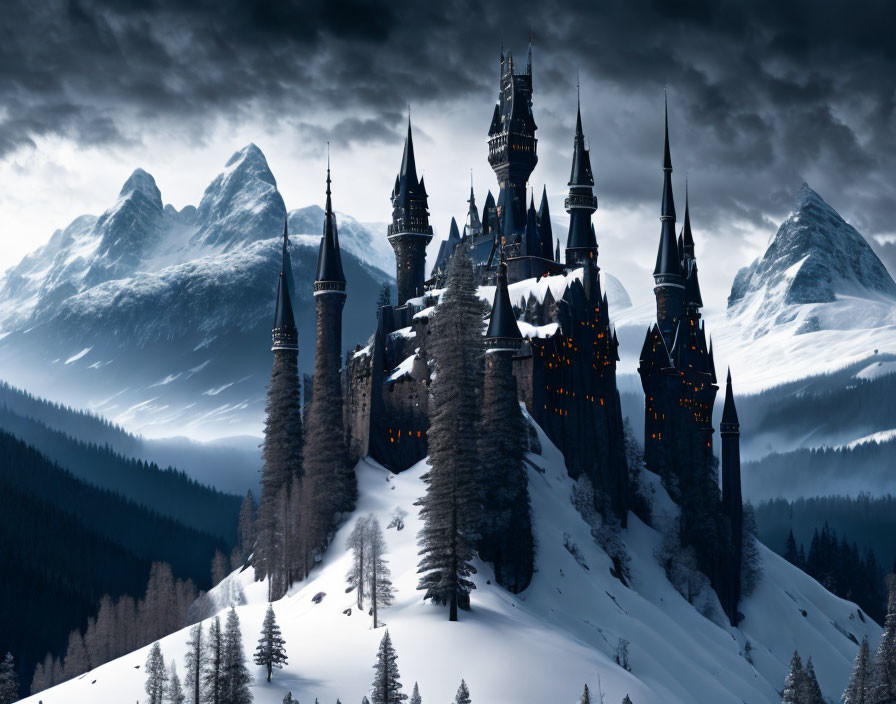 Snowy hillside castle lit windows, dark pines, misty mountains, cloudy sky