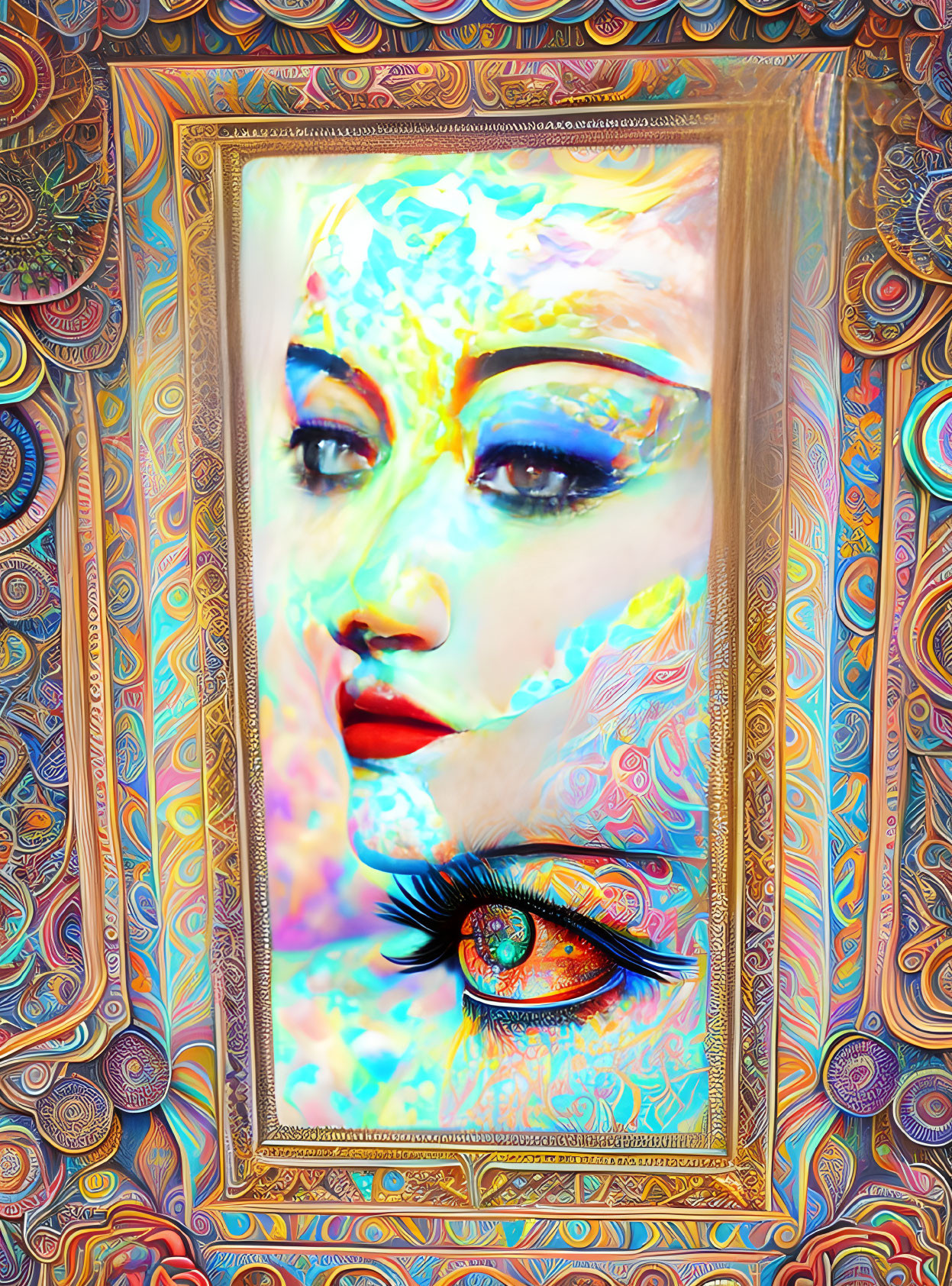 Colorful surreal portrait with exaggerated makeup and psychedelic patterns