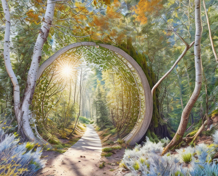 Circular portal frames sunlit path in surreal forest