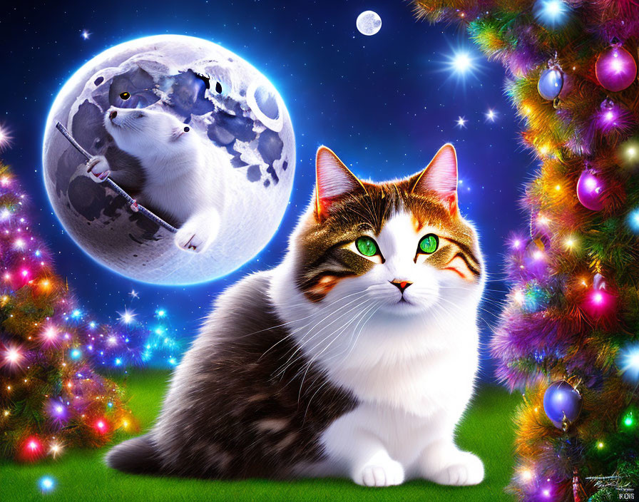 Whimsical cat with green eyes by Christmas tree, moon cat in spacesuit.