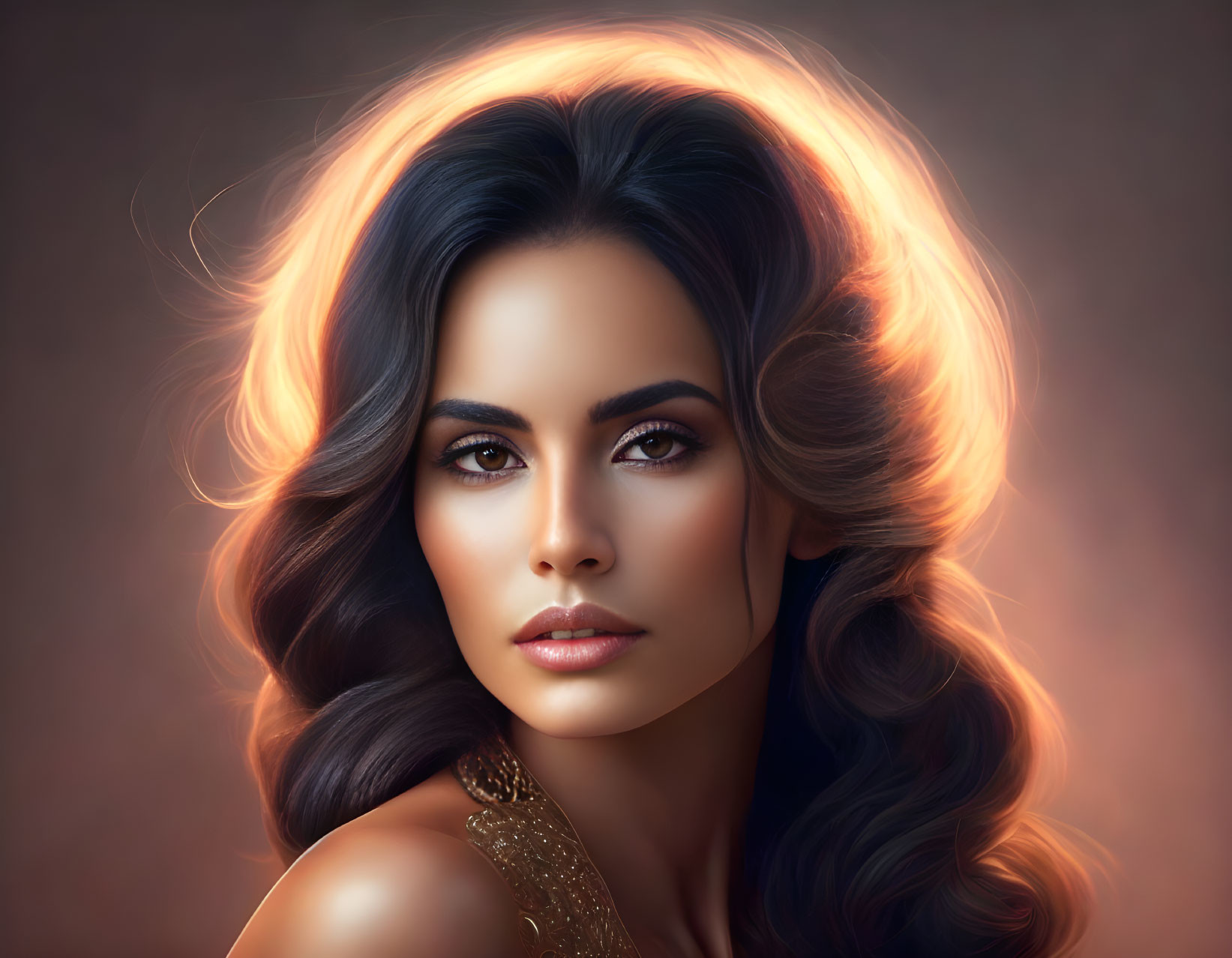 Luminous digital portrait of a woman with flowing hair and piercing eyes