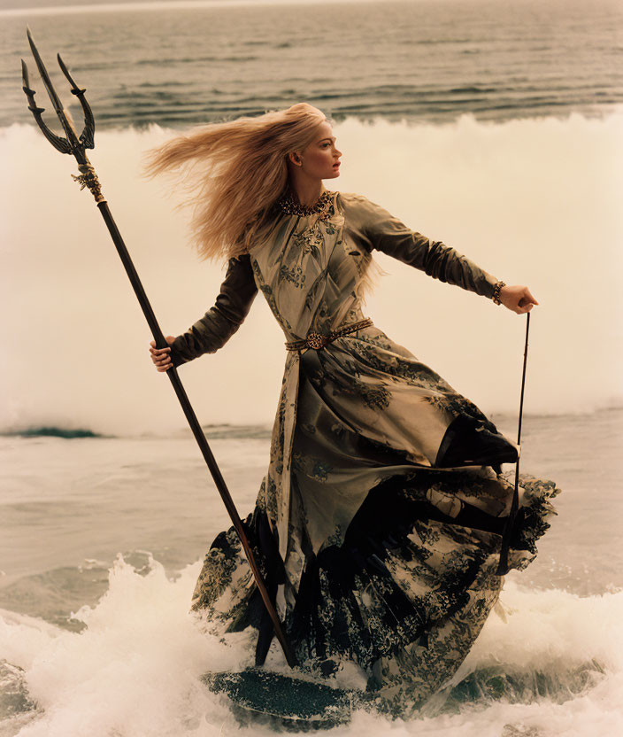 Warrior woman with trident in surf, flowing hair and dress