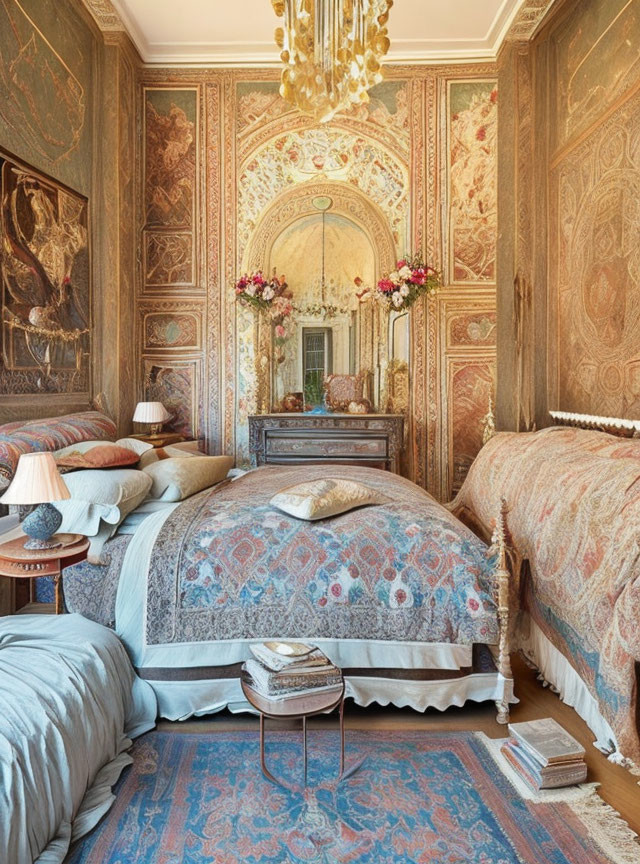 Luxurious Bedroom with Ornate Wall Paneling, Chandelier, and Vintage Dresser