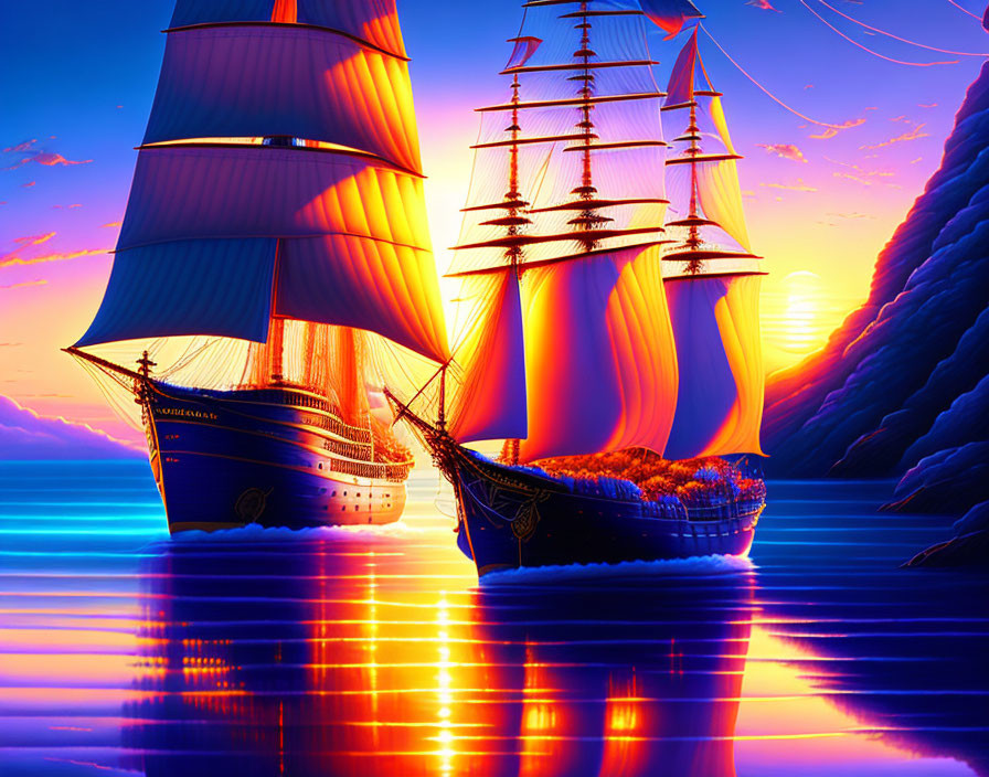 Vibrant digital artwork: tall ships, sunset, purples, oranges, calm waters