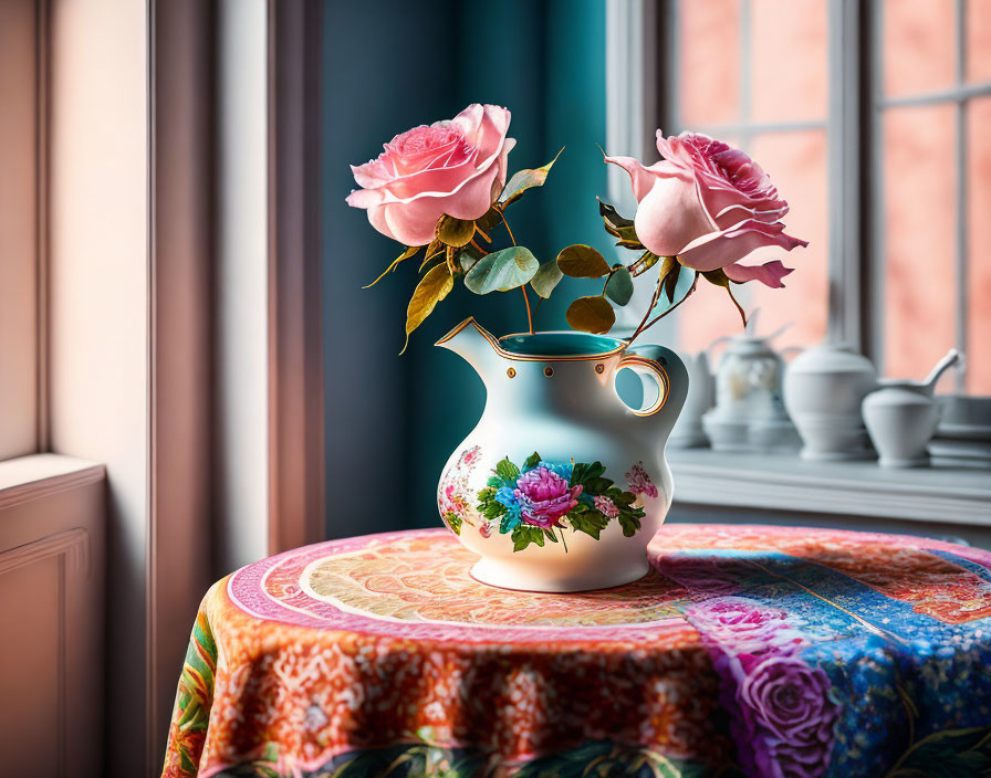 Floral-patterned jug vase with pink roses on colorful tablecloth