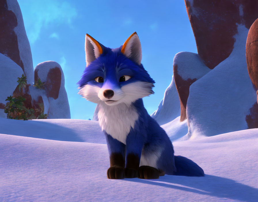 Blue and White 3D-Animated Fox in Snowy Landscape