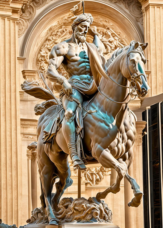 Muscular warrior on horseback bronze statue against classical backdrop