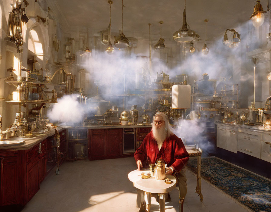 Elderly man in vintage kitchen with steaming pots