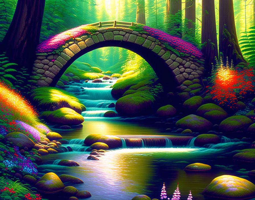 Enchanting forest scene: stone arch bridge, gentle stream, lush trees, colorful flowers.