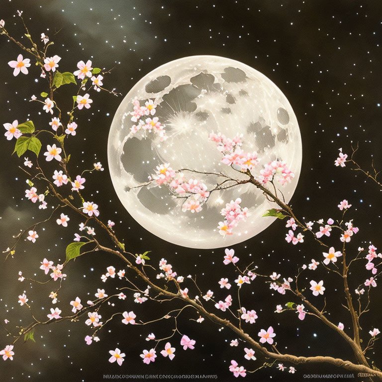 Cherry Blossoms with Full Moon and Starry Sky