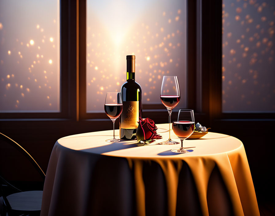 Romantic table setting with wine, glasses, rose, and window lights