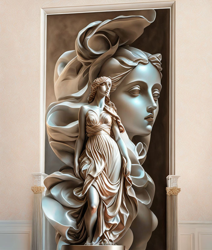 Classical female figure 3D wall art in high-relief sculpture style