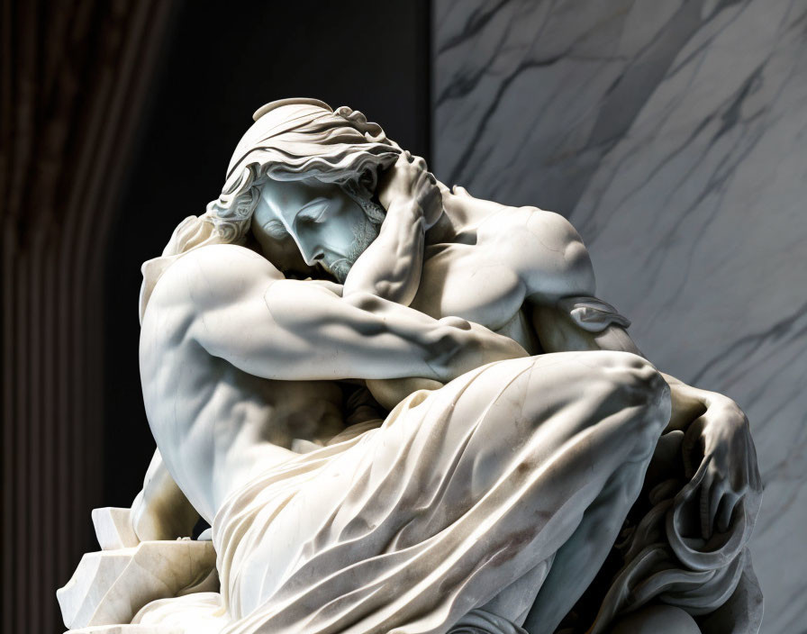 Sorrowful figure marble statue with intricate hair and muscle detail