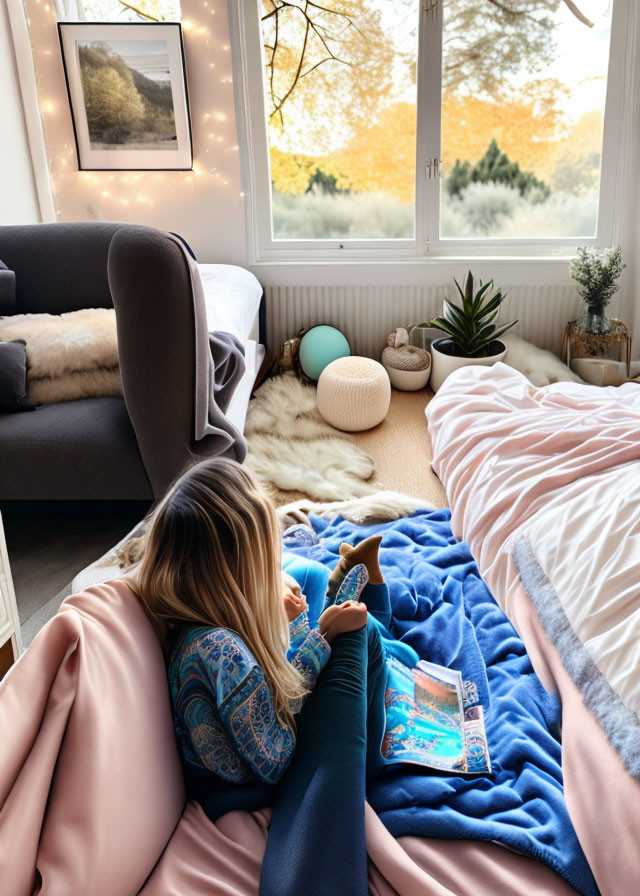 Person sitting by window in cozy room with fall landscape view, looking at phone