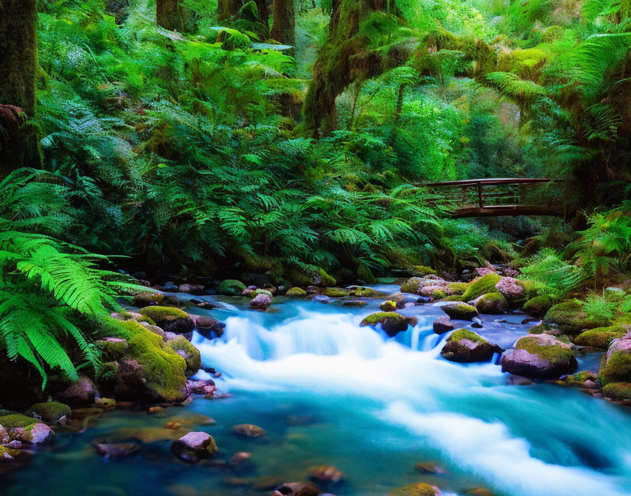 Tranquil forest scene with lush canopy, vibrant ferns, flowing stream, wooden bridge