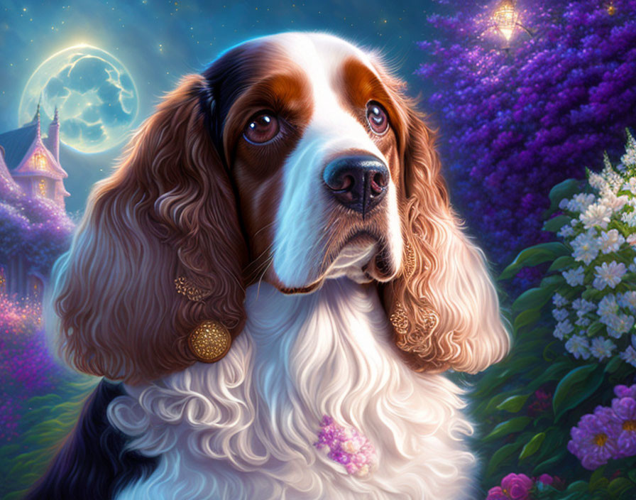 Illustrated Spaniel with Soulful Eyes in Magical Castle Scene