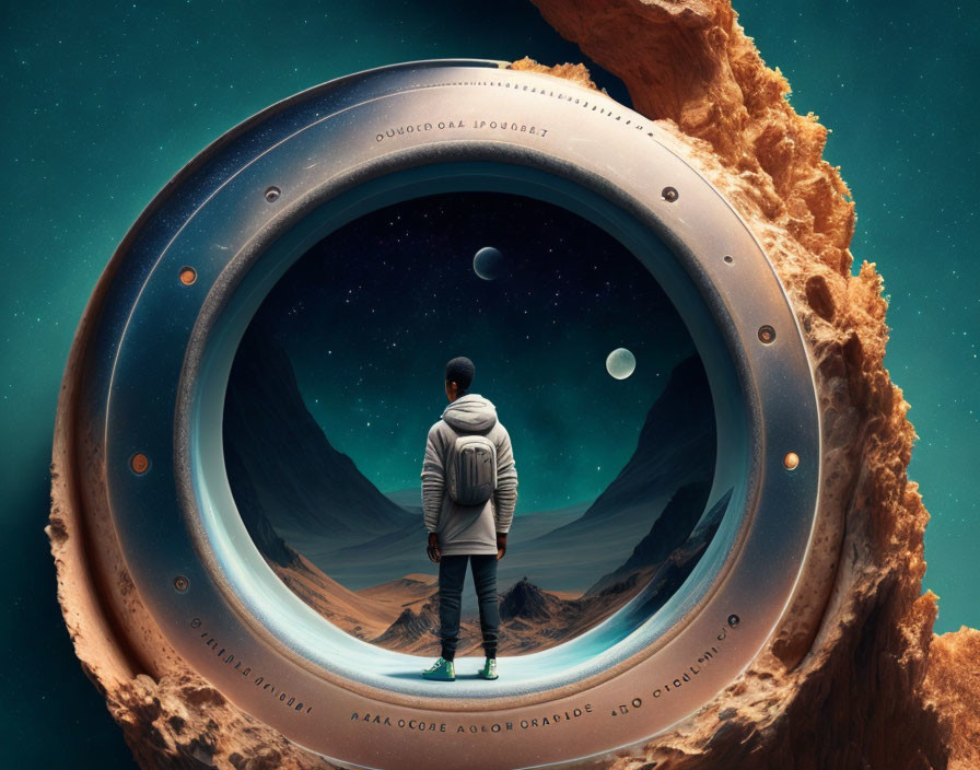 Person standing before large circular cosmic portal with stars and planets.