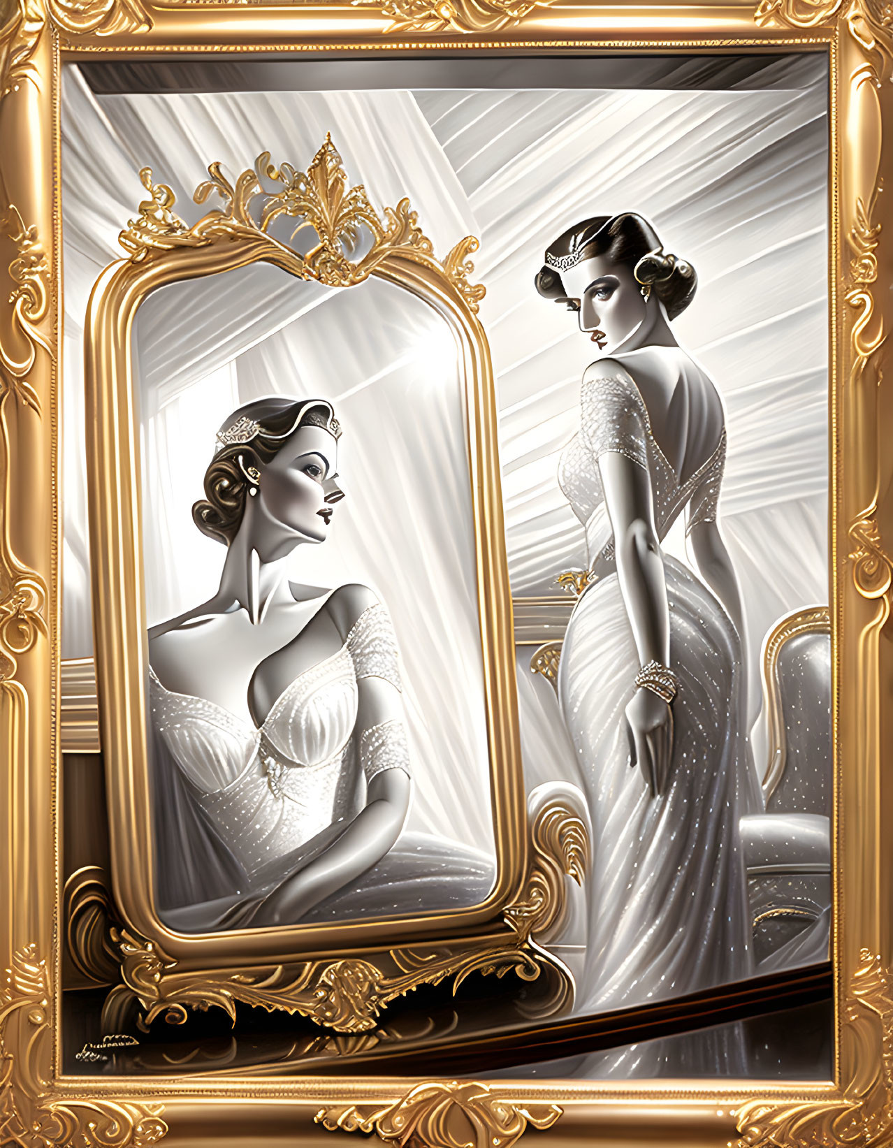 Vintage Sparkling Gown Reflection in Ornate Golden Frame Mirror