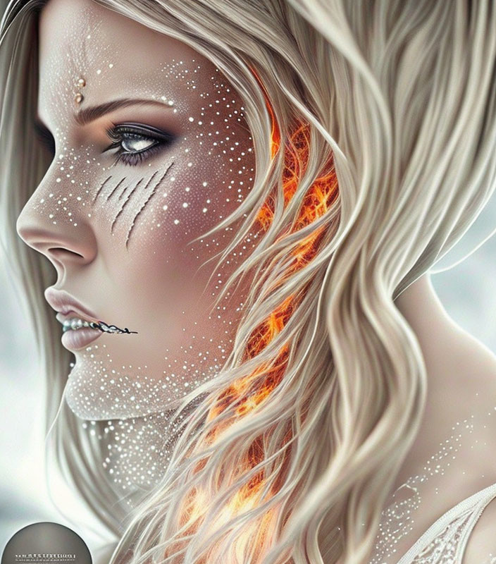 Woman with intricate fiery orange facial patterns and blonde hair.