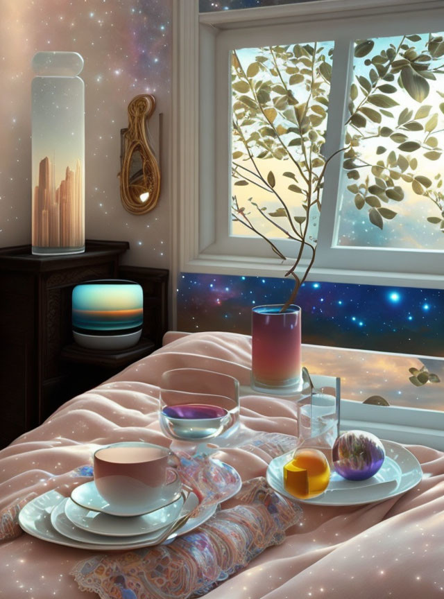 Cosmos-themed room with plant, drinks, and pastry on bed