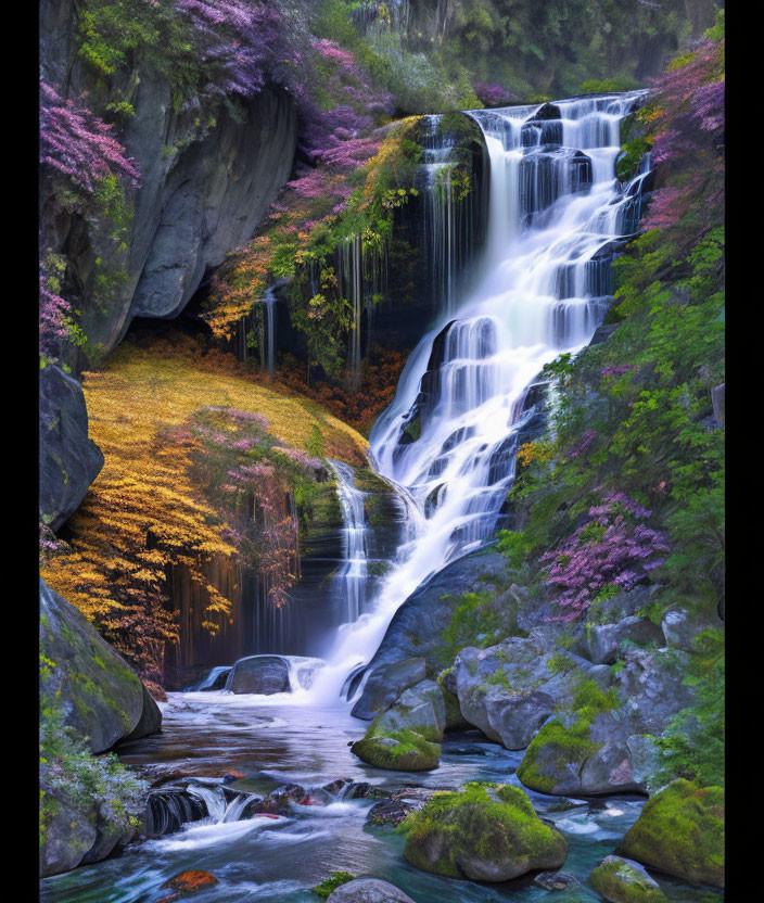 Tranquil waterfall surrounded by autumn foliage and purple flowers