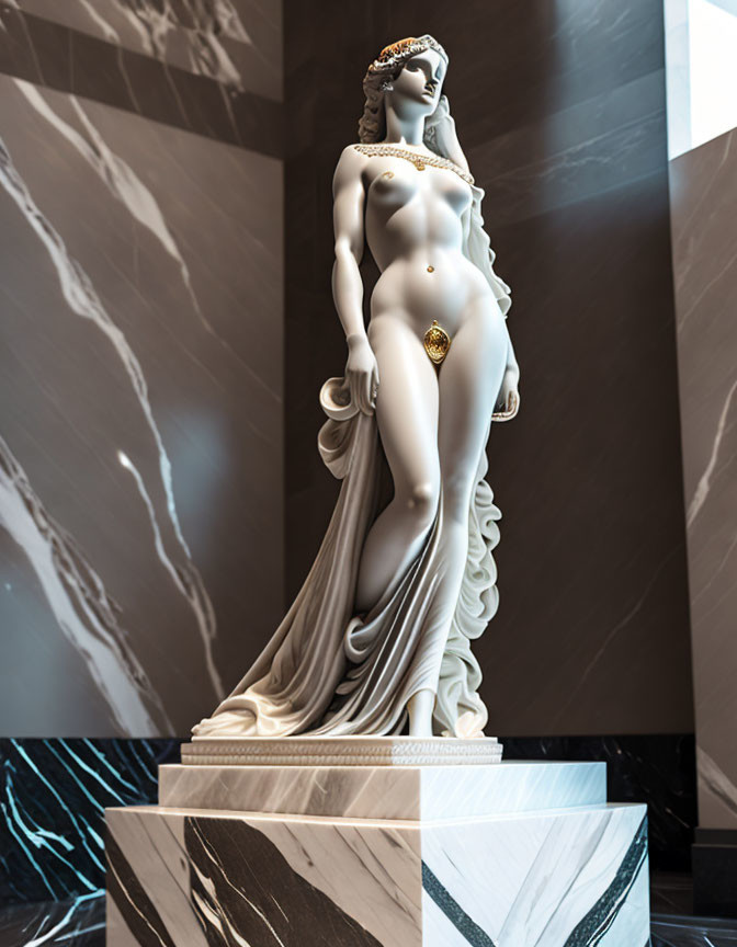 White Marble Statue of Standing Female Figure with Tiara on Black and White Marble Panels