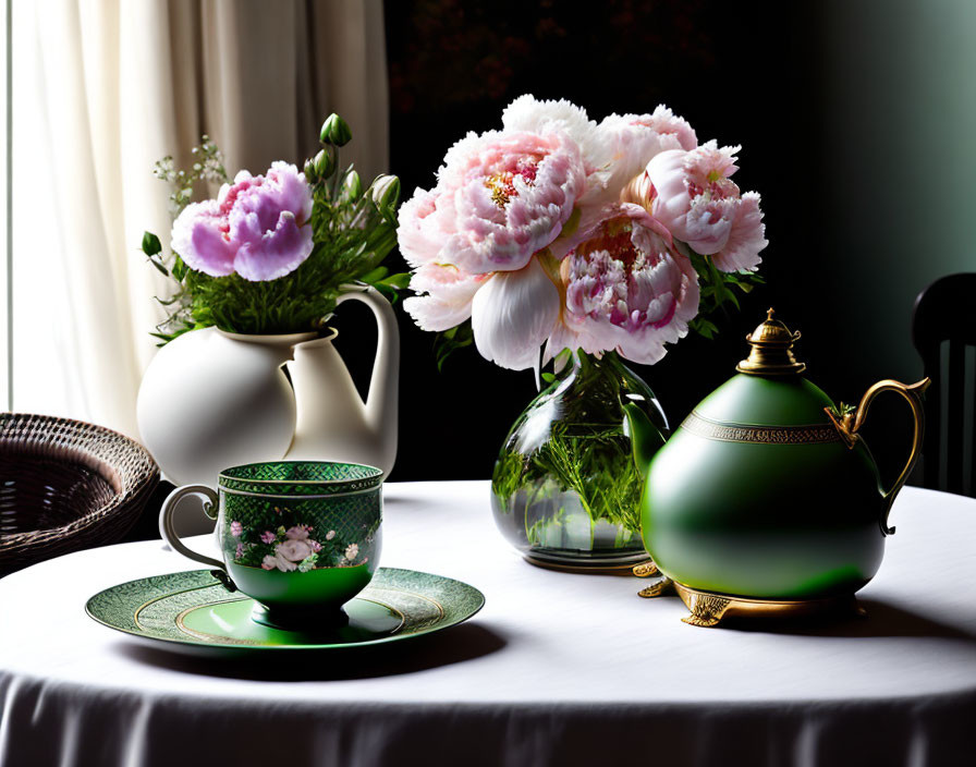 Green tea set, pink peonies, and ornamental grass in glass vases on white table