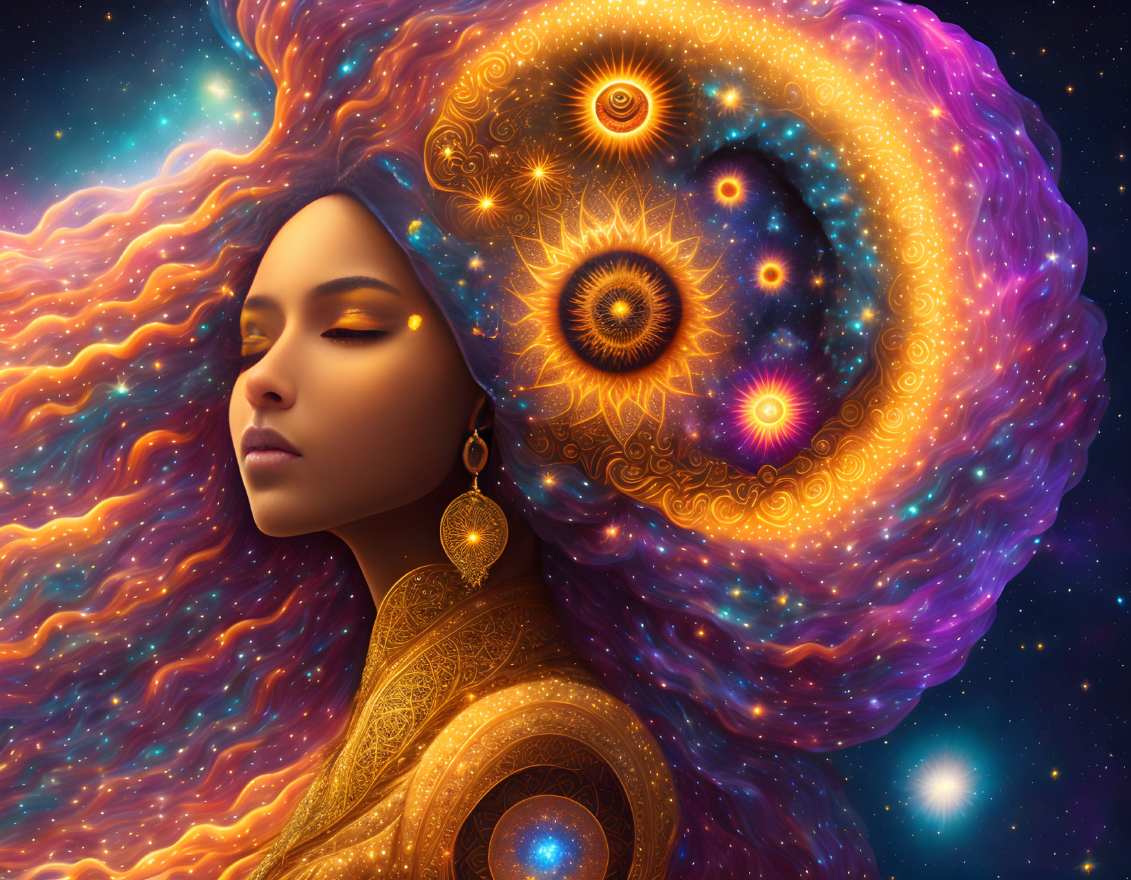 Celestial-themed woman with galaxy hair and golden attire.