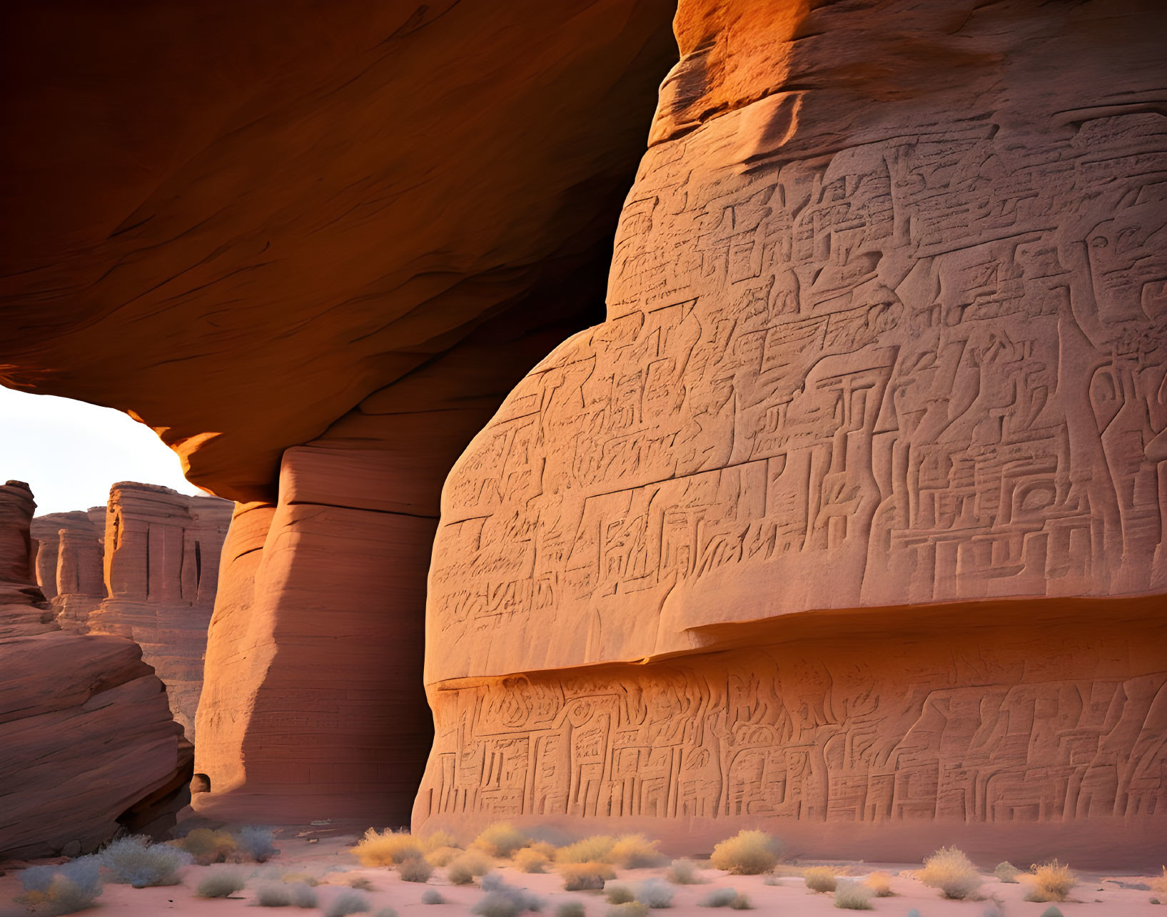 Sandstone Canyon Wall with Ancient Petroglyphs in Warm Light