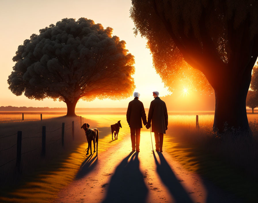 Elderly couple with dog walk at sunset on scenic country road