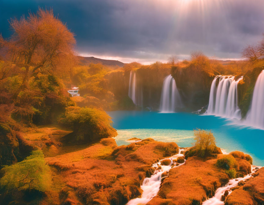 Serene waterfalls cascading into blue pool amidst lush autumnal trees