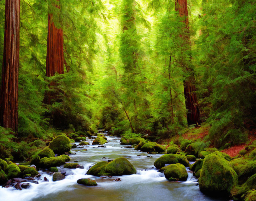 Tranquil stream in lush forest with redwoods and moss-covered rocks