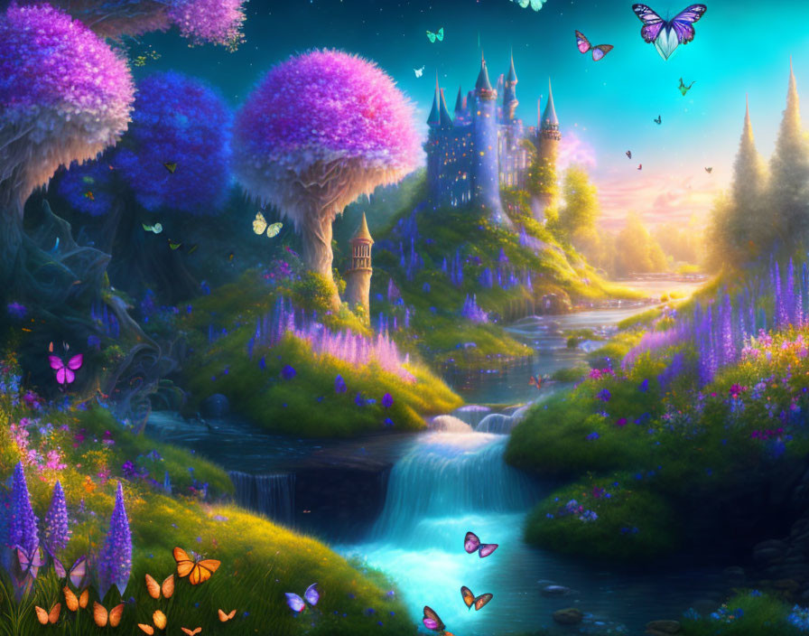 Majestic castle and vibrant flora in fantastical landscape