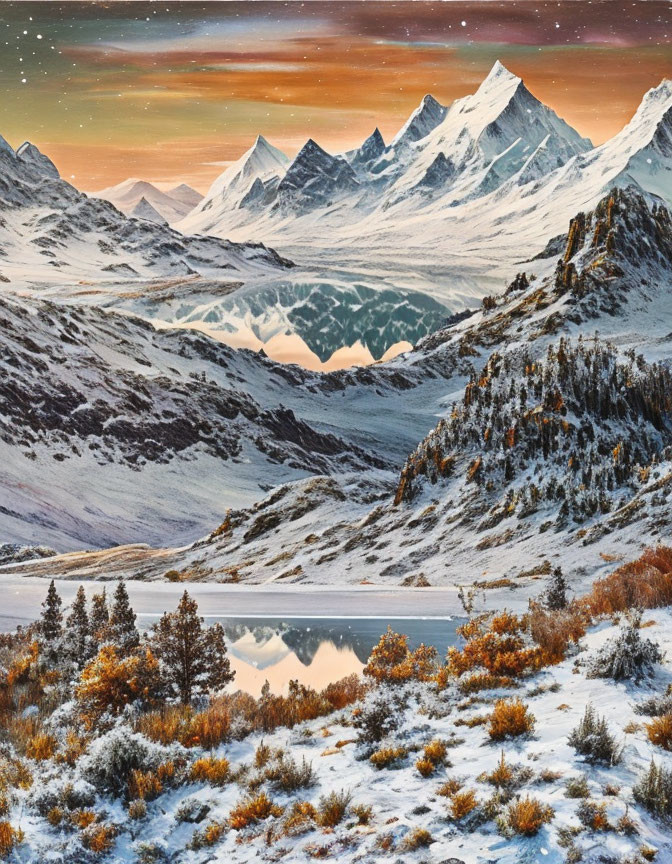 Snow-covered mountains, colorful sky, reflective lake, and autumn shrubbery scene.