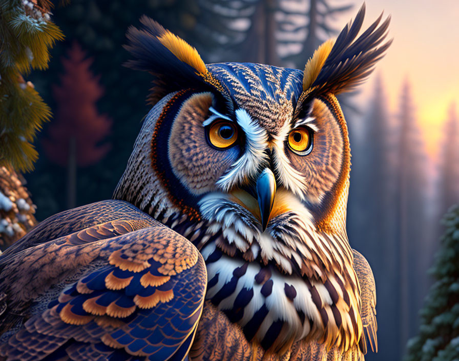 Detailed Great Horned Owl Perched in Twilight Forest