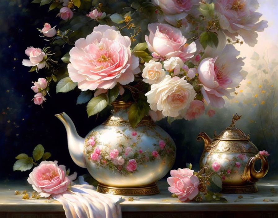 Elegant teapot and sugar bowl with floral designs and pink roses on reflective surface