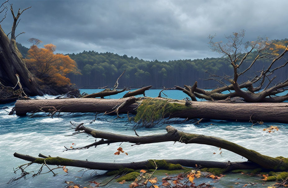 Tranquil lake in dense forest with fallen trees under cloudy sky