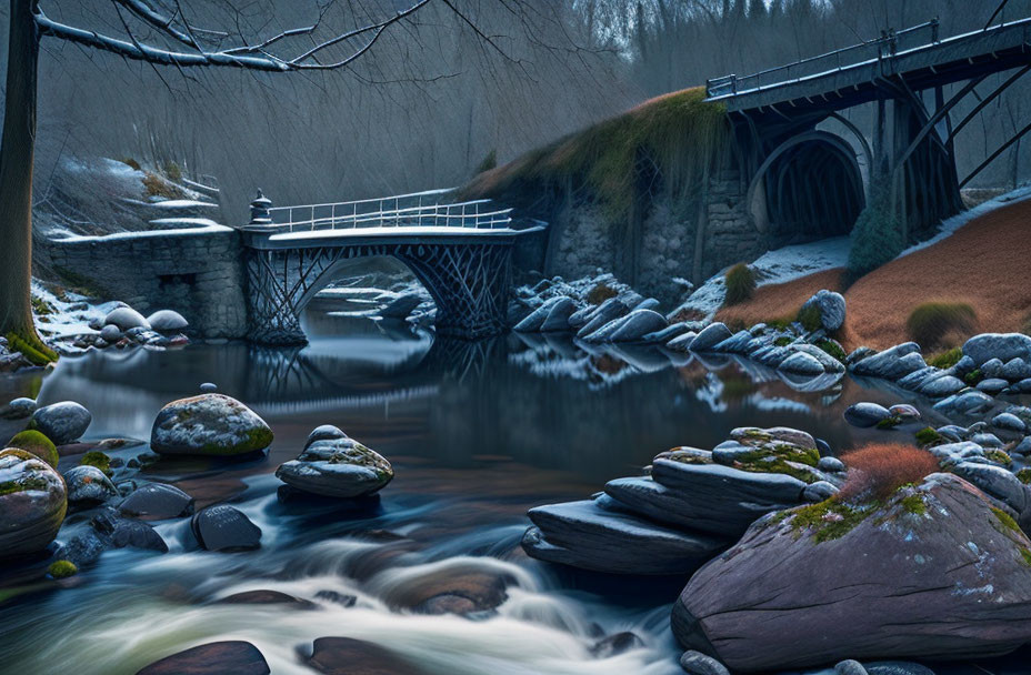 Tranquil river scene with metal bridge and winter backdrop