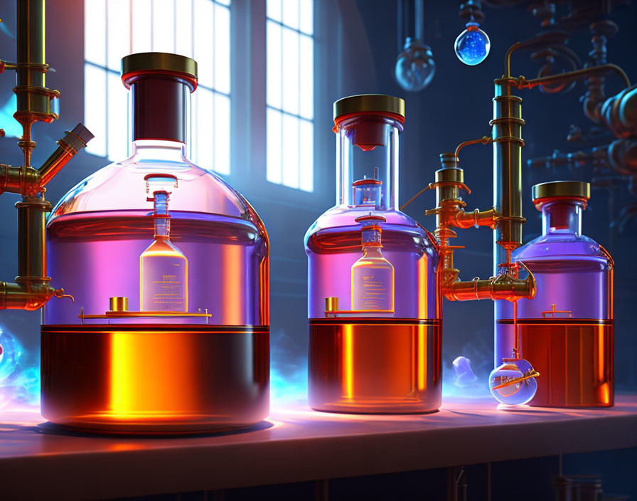 Vibrant glass distillation setup in well-lit laboratory