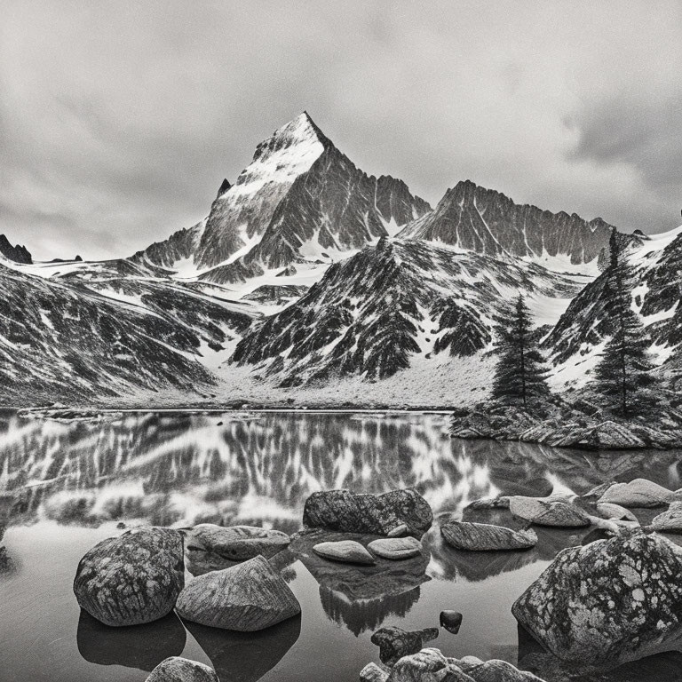 Serene monochrome mountain landscape reflected in calm lake