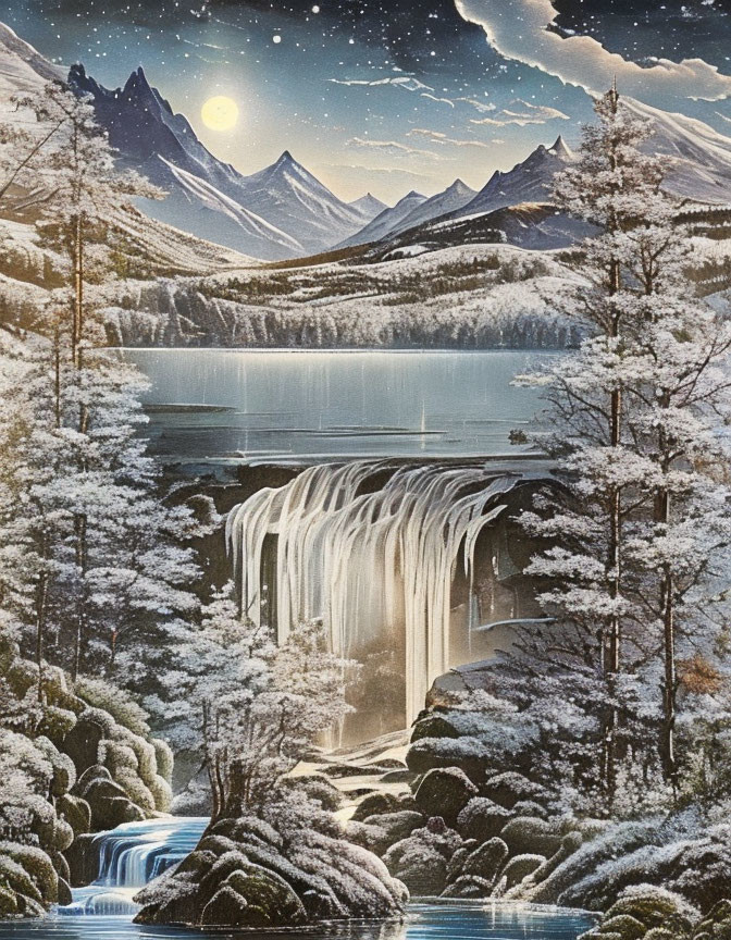 Snow-covered trees, waterfall, and moonlit mountains in serene winter landscape