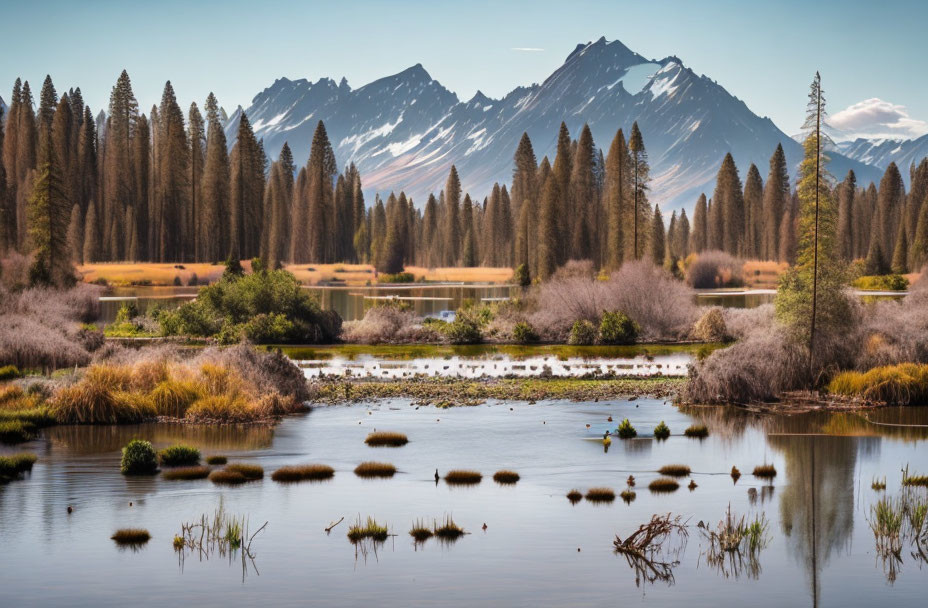 Tranquil landscape with river, marshes, pines, and mountains