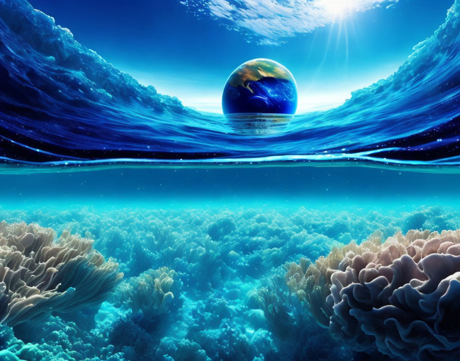 Surreal underwater landscape with coral reefs and planet in the sky