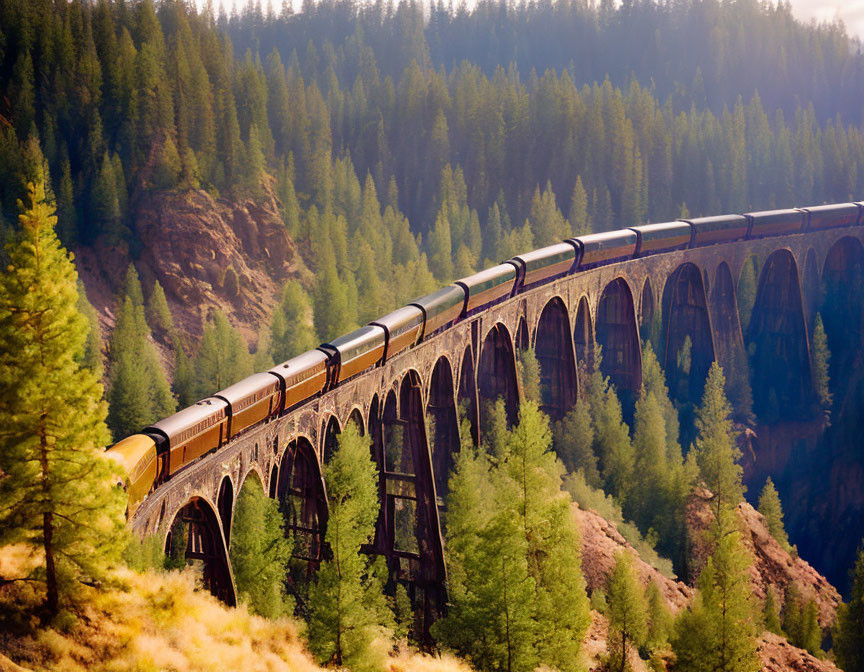 Train Crossing Multi-Arched Bridge in Forested Mountains