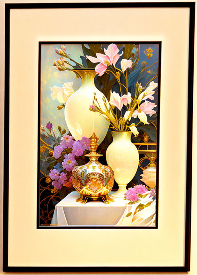 Elegant vases with blooming flowers on draped table against gold-framed backdrop