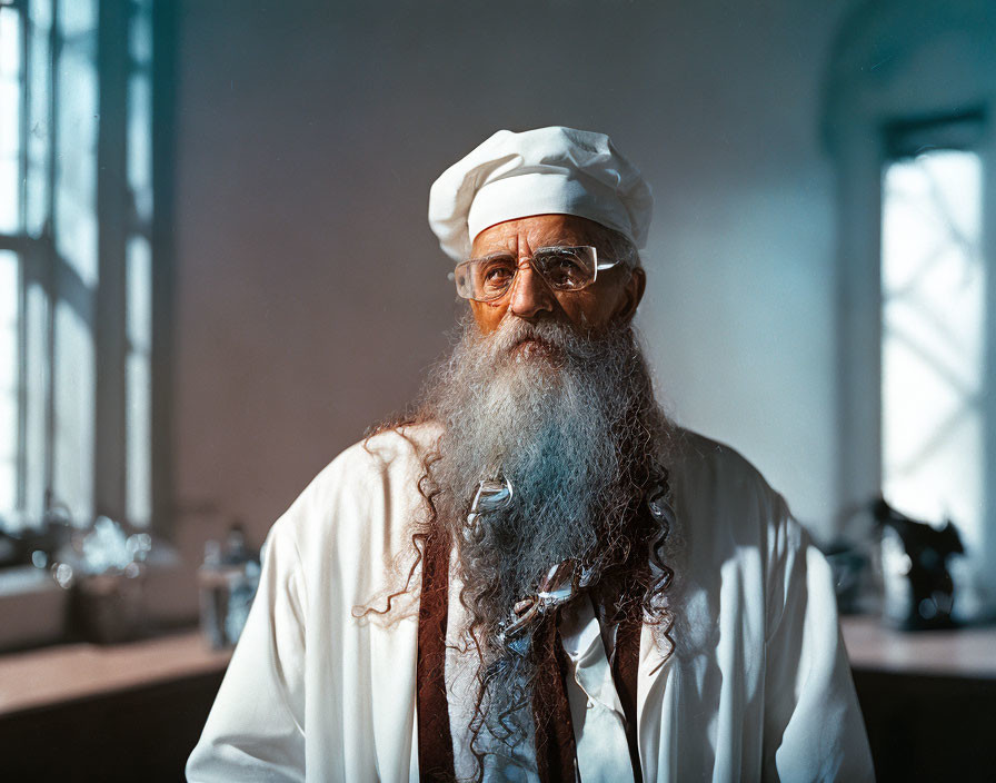 Elderly man with white beard and turban in traditional attire by large windows