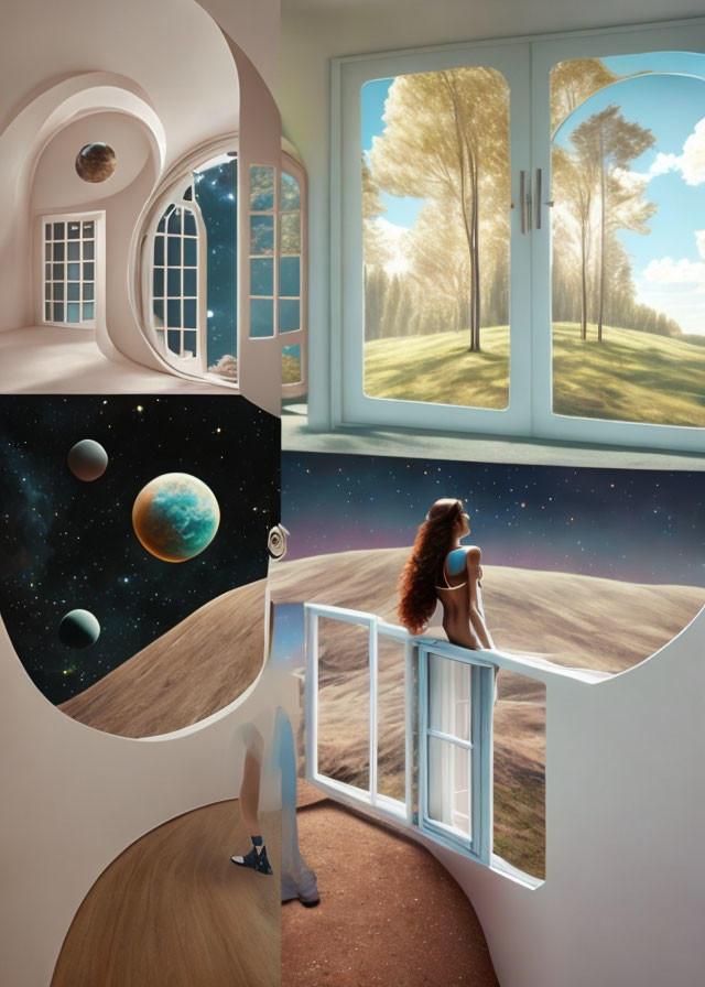 Surreal room with cosmic and nature elements