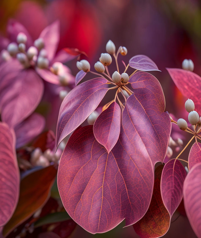 Vibrant red and pink leaves with white berries on blurred backdrop