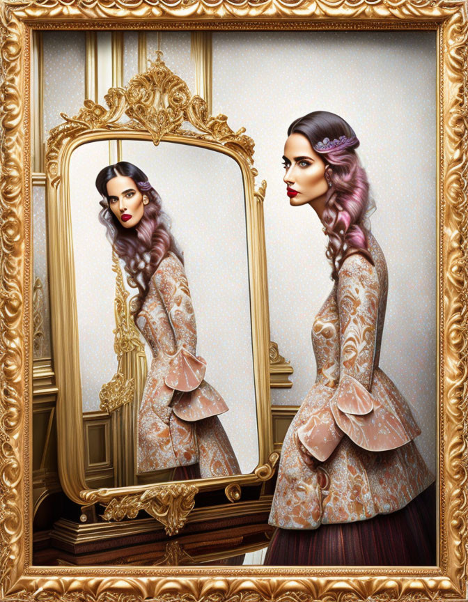 Vintage Attired Woman Standing by Ornate Mirror in Luxurious Interior