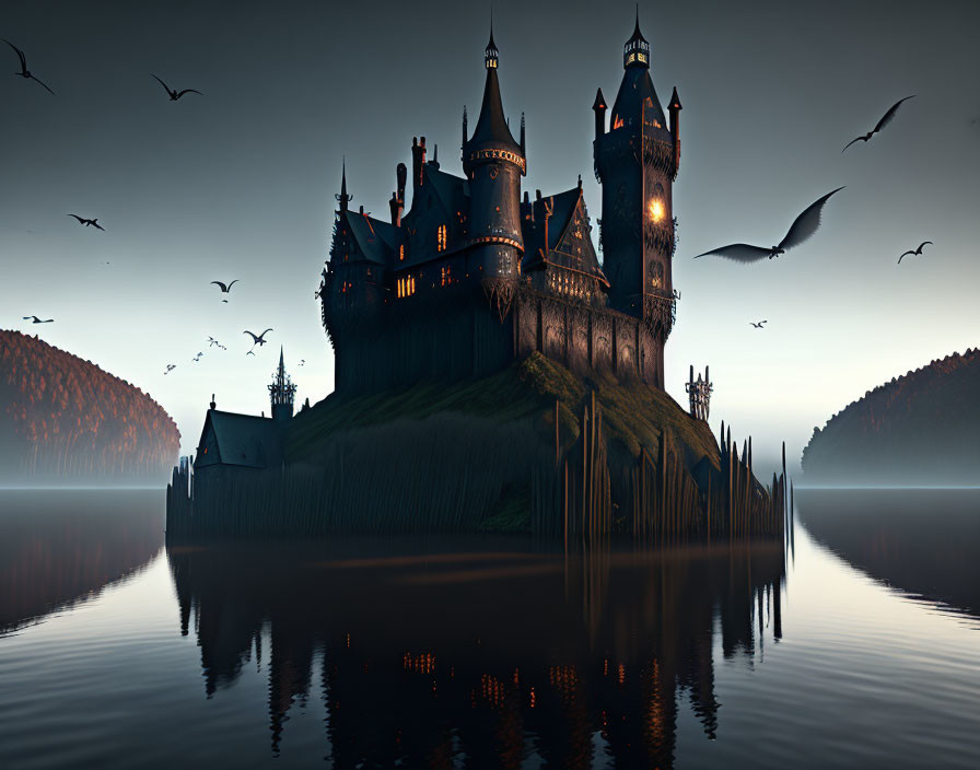 Majestic castle on island at dusk with spires and lit windows